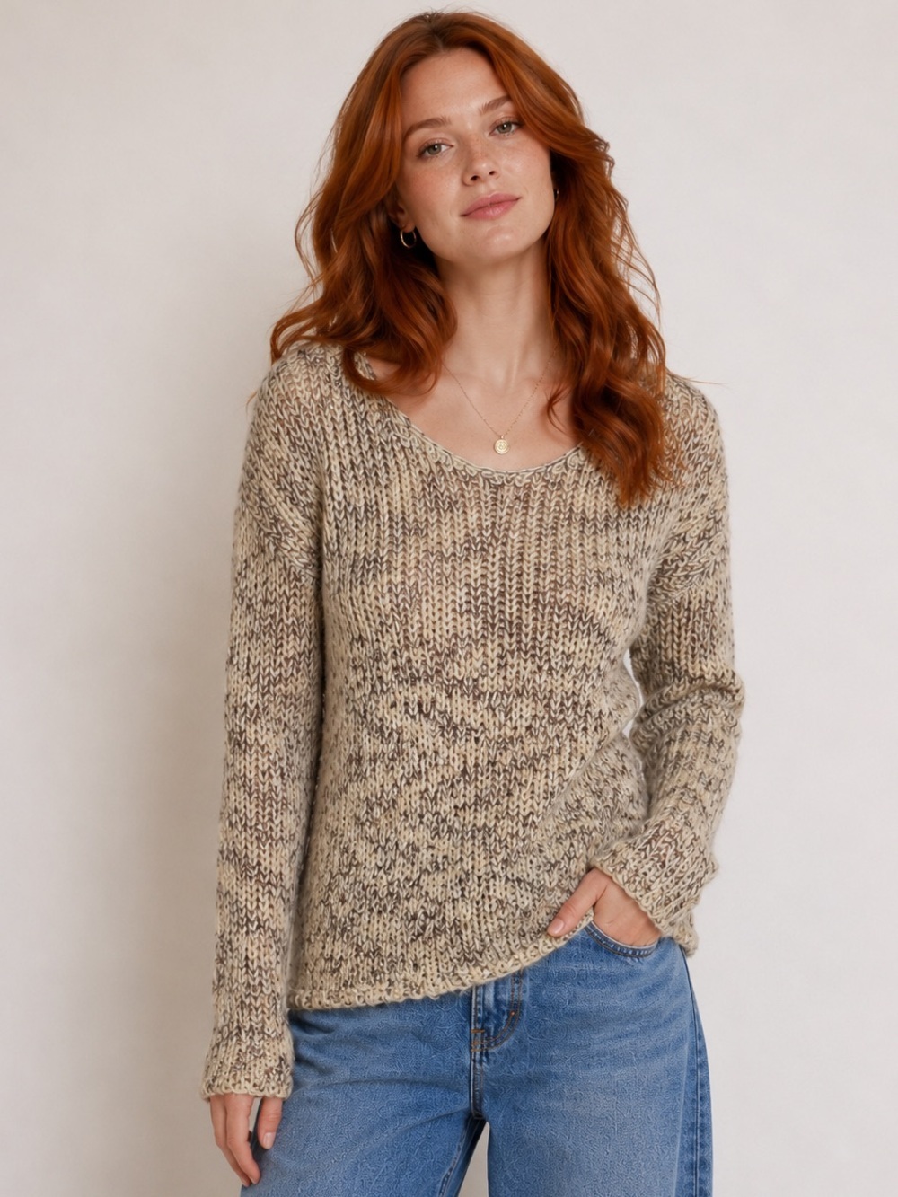 Buffalo David Bitton Sweater Womens Brown Cream Marled Eyelash Knit Size Small‎